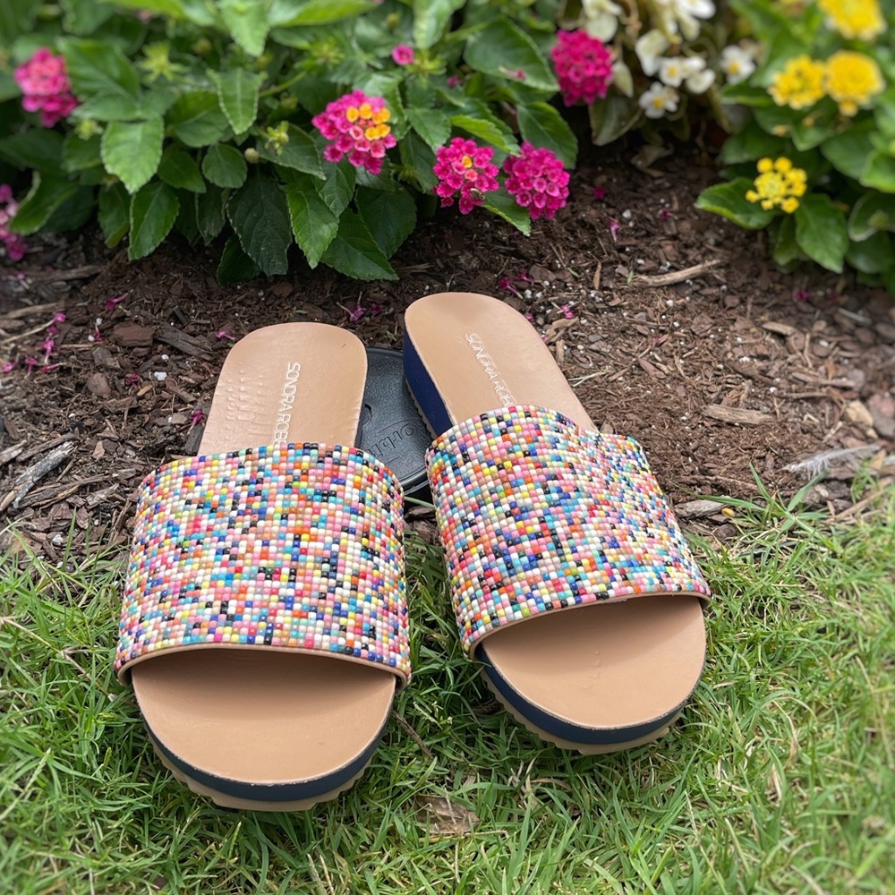 Sondra Roberts Womens Penny Slip On Sandals Multi Colored Bead Detailing